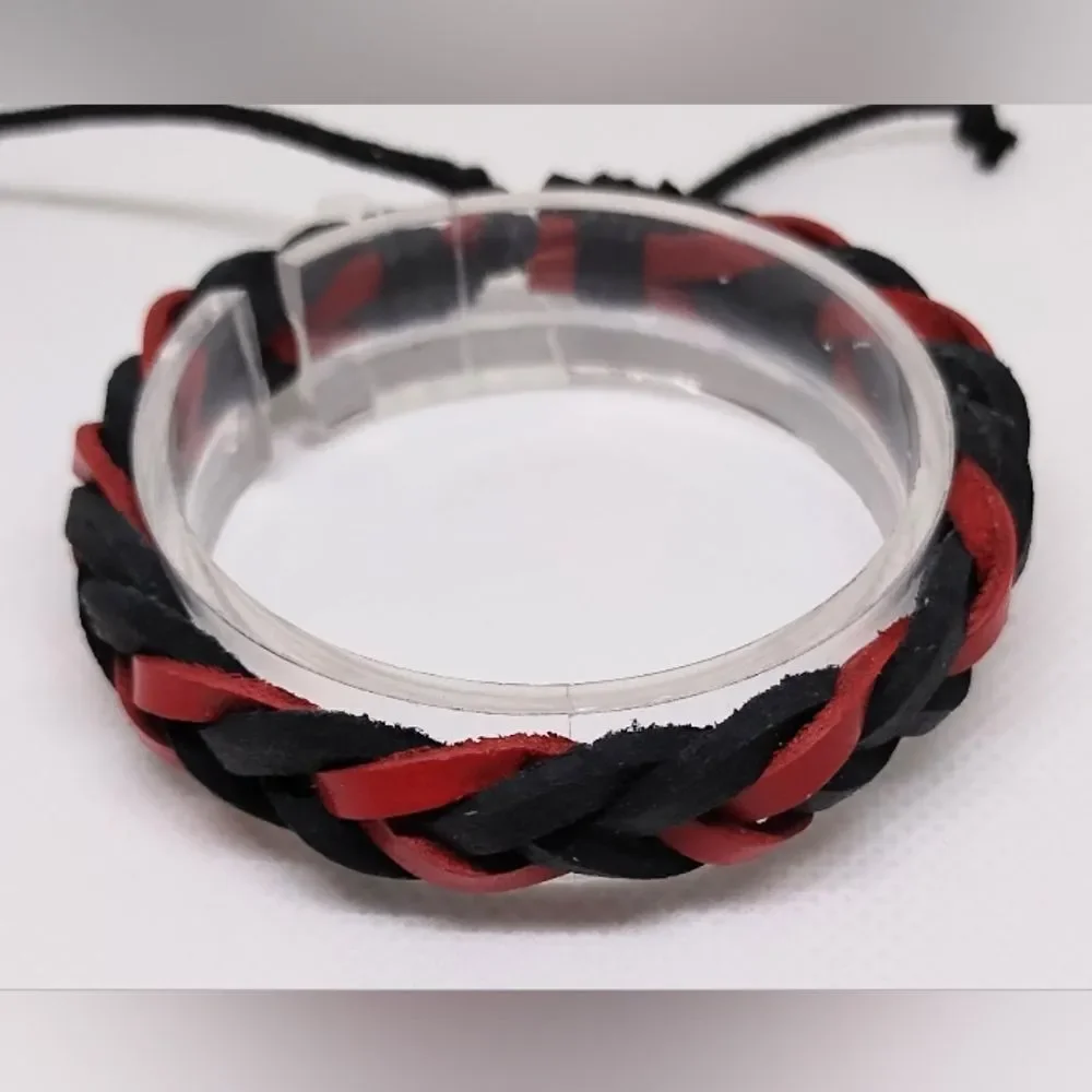 Men's bracelet leather braided‎ black Red new e84